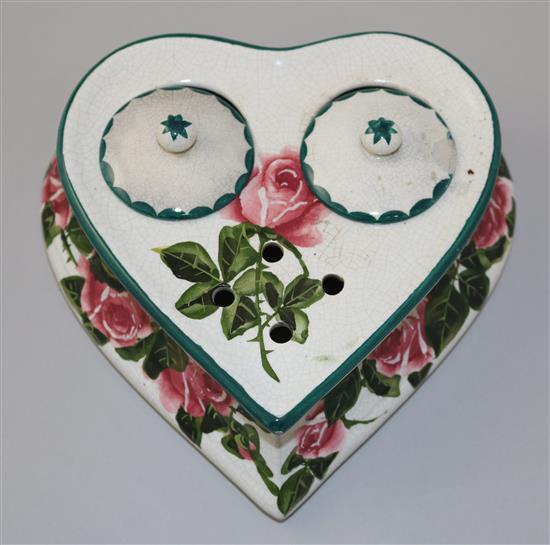 A Wemyss cabbage rose pattern heart shaped ink stand, early 20th century, length 18cm